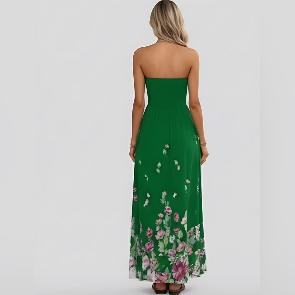 LAST ONE 🔥 Floral Print Strapless Shirred A-Line Dress Green - Picture 4 of 8